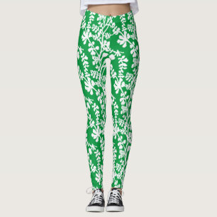 Leggings Patrón Repetidor Botánico Verde Y Blanco