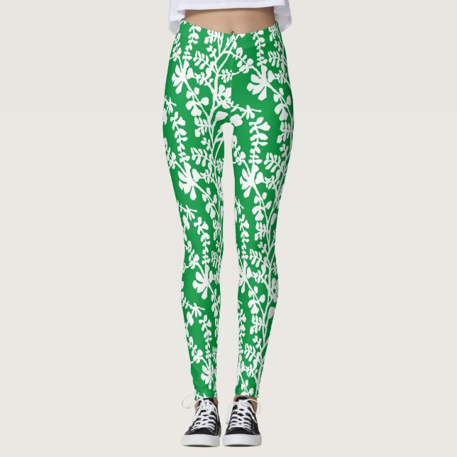 Leggings Patrón Repetidor Botánico Verde Y Blanco (Anverso)