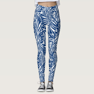 Leggings Patrón Repetidor De Hoja Tropical Blanca Y Azul