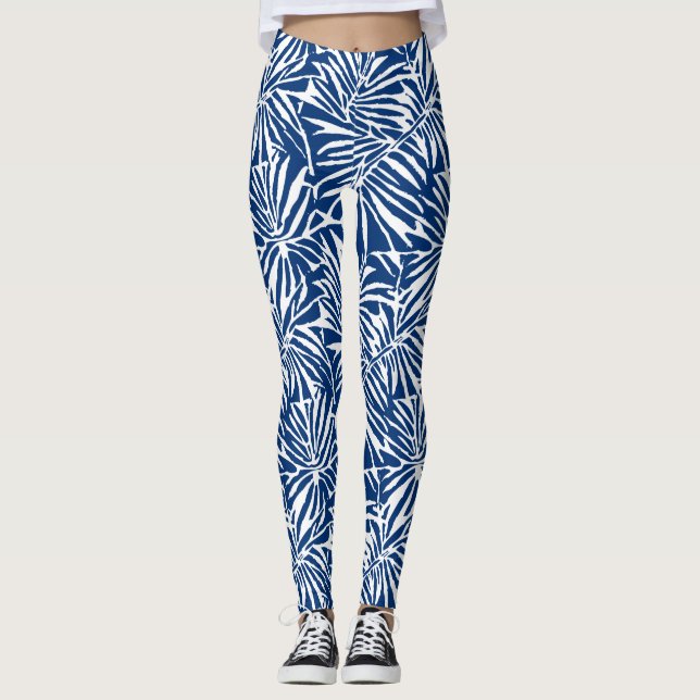 Leggings Patrón Repetidor De Hoja Tropical Blanca Y Azul (Anverso)