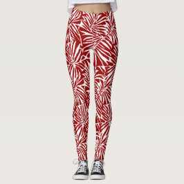 Leggings Patrón Repetidor De Hojas Tropicales Blancas Y Roj