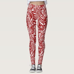 Leggings Patrón Repetidor De Hojas Tropicales Blancas Y Roj
