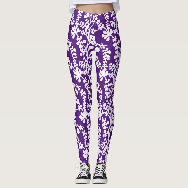 Leggings Patrón Repetidor Floral Morado Y Blanco (Anverso)