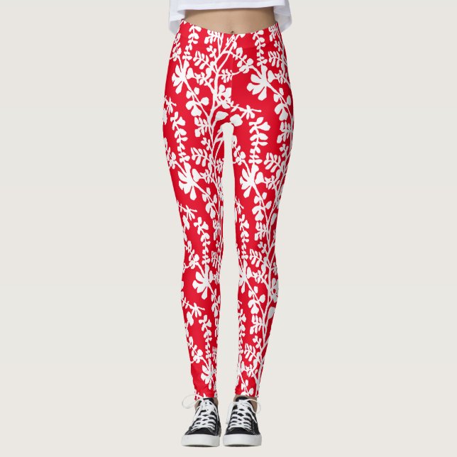 Leggings Patrón Repetidor Floral Rojo Y Blanco (Anverso)