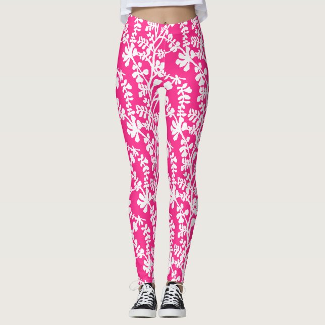 Leggings Patrón Repetidor Floral Rosa Y Blanco (Anverso)