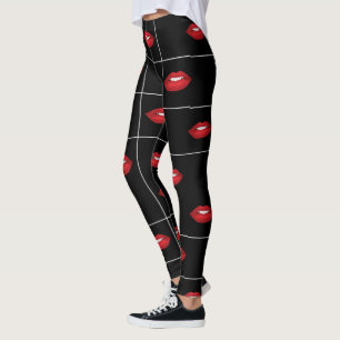 Leggings Patrón Retro Black and White Grid Pattern Red Lips