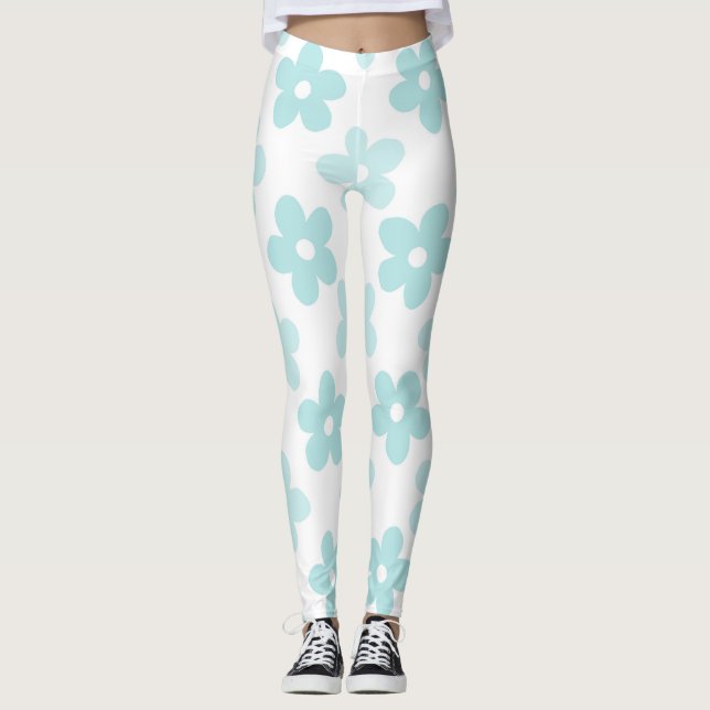 Leggings Patrón retro de flores de margarita azul blanco (Anverso)