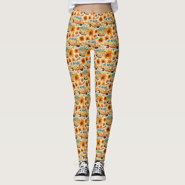 Leggings Patrón Retro de Furgoneta con Girasoles – Boho Hip (Anverso)