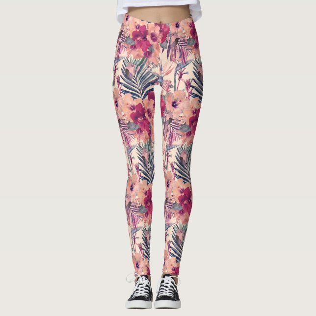 Leggings Patrón retro tropical hibiscus wren (Anverso)