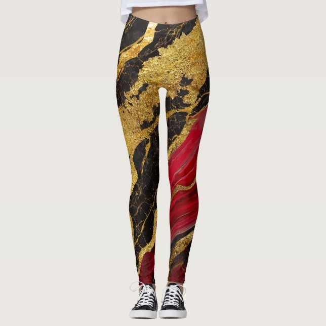 Leggings Patrón rojo de mármol negro con oro (Anverso)