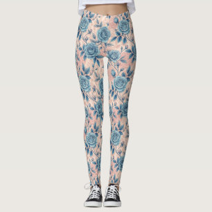 Leggings Patrón Rosa azul retro sobre fondo rosa suave