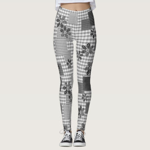 Leggings Patrón rústico de remiendo retro en blanco y negro