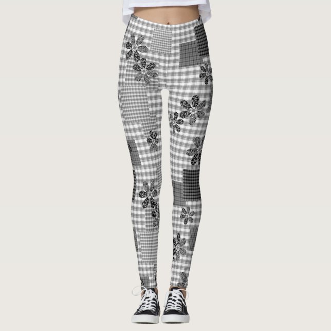 Leggings Patrón rústico de remiendo retro en blanco y negro (Anverso)