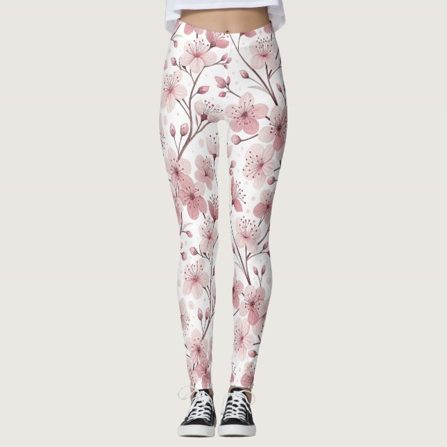 Leggings Patrón Sakura de flores de cerezo rosa en blanco ( (Anverso)
