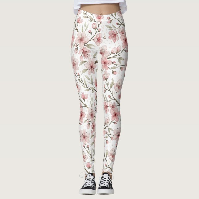 Leggings Patrón Sakura de flores de cerezo rosa en blanco ( (Anverso)