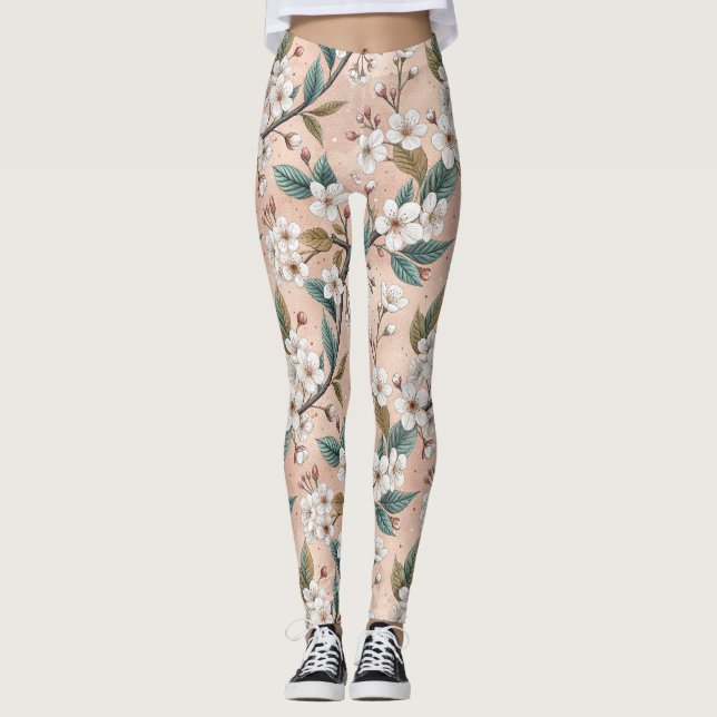 Leggings Patrón Sakura de flores de cerezo rosa sobre rosa  (Anverso)