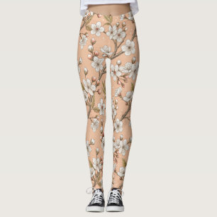 Leggings Patrón Sakura de flores de cerezo rosa sobre rosa 