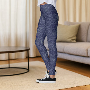 Leggings Patrón Seigaiha de ola tradicional japonesa azul