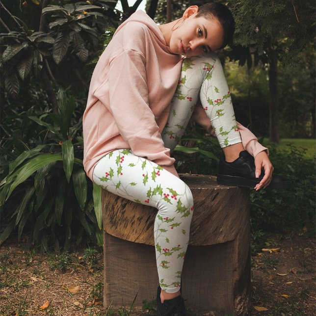 Leggings Patrón Simple de Navidad (Holiday greenery and red holly berries leggings)