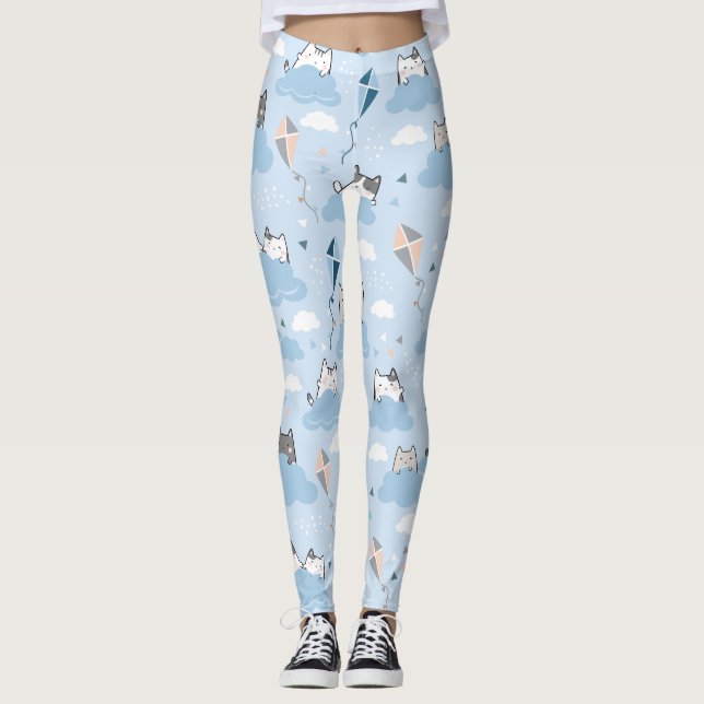 Leggings Patrón sin foco Cute Kawaii Cats nubes cometa (Anverso)