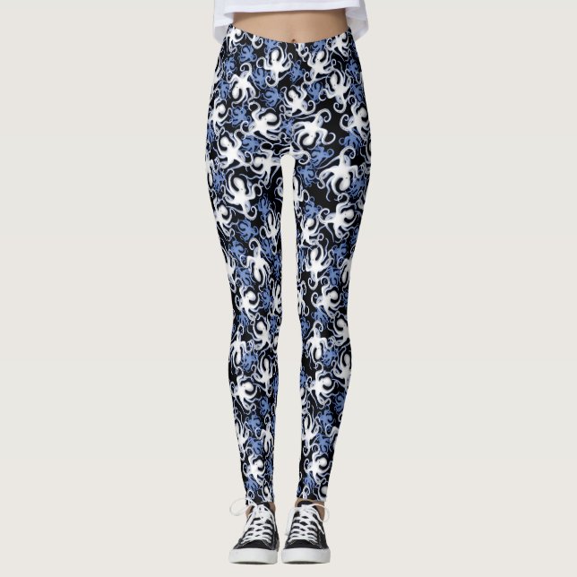 Leggings Patrón sin foco del pulpo negro, blanco y azul (Anverso)