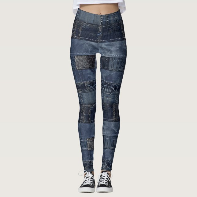Leggings Patrón sin soldadura de mosaico índigo denim (2) (Anverso)