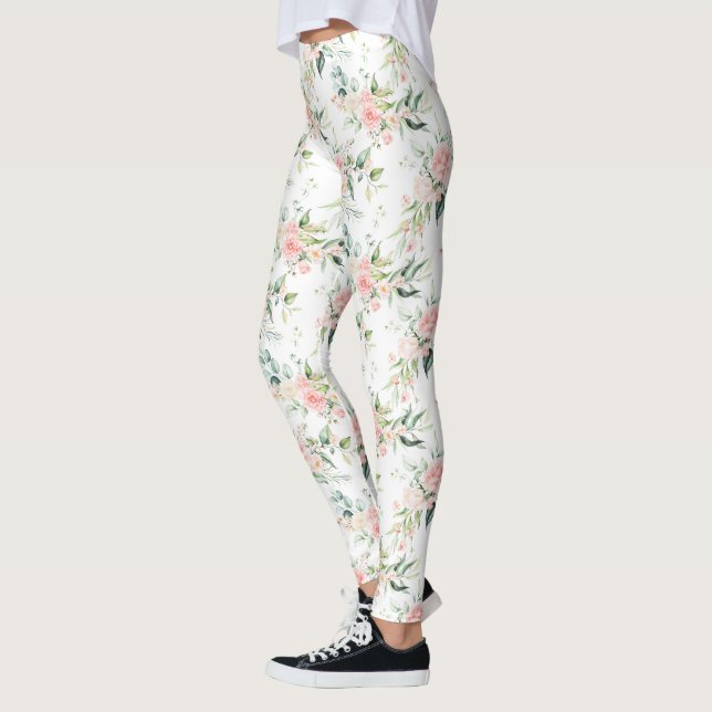 Leggings Patrón suave de flor rosa rosada en pasto (Izquierda)