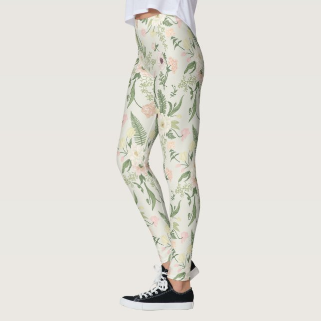 Leggings Patrón suave de flores de jardín verde (Izquierda)
