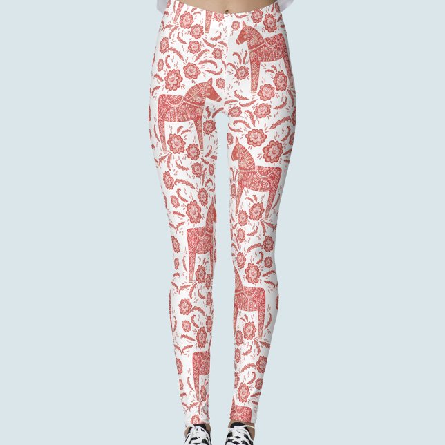 Leggings Patrón sueco rojo y blanco de Dala Horse (Swedish Dala Horse red and white patterned leggings)