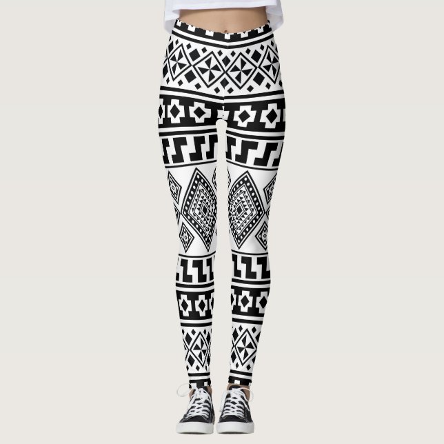 Leggings Patrón tribal azteca azul blanco negro boho (Anverso)
