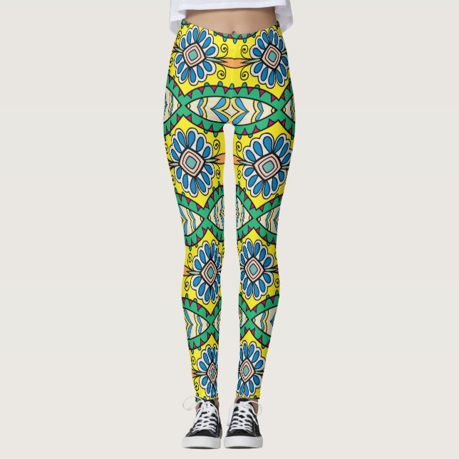 Leggings Patrón tribal floral, ornamental, dibujado a mano. (Anverso)