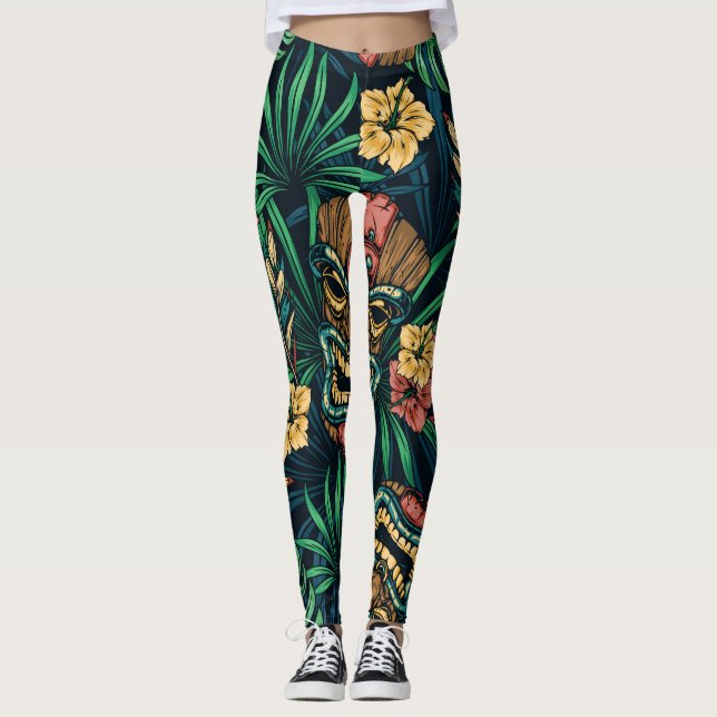 Leggings Patrón tropical hawaiano de la máscara tiki (Anverso)