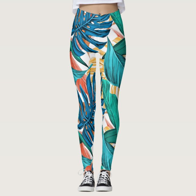 Leggings Patrón tropical, hojas de palma de la jungla, tema (Anverso)