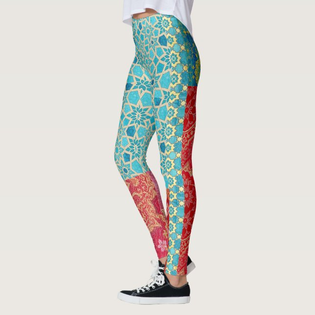 Leggings Patrón Turquesa Rojo ORIENTAL - Piernas (Izquierda)