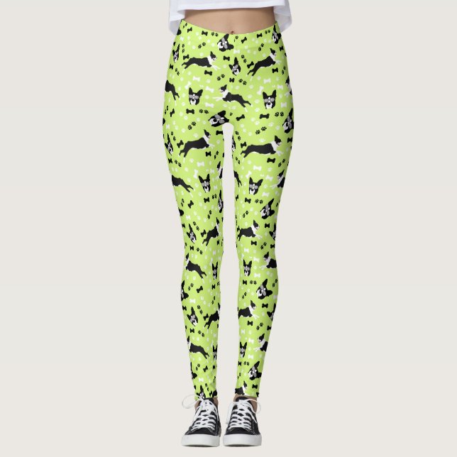 Leggings Patrón verde de Boston Terriers (Anverso)