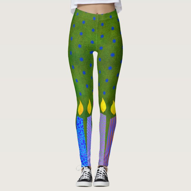 Leggings Patrón verde de Hanukkah Velas Estrella azul de Da (Anverso)
