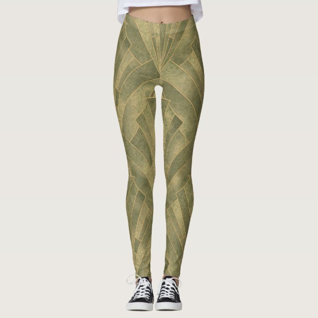 Leggings Patrón verde sabio y Art decó dorado (Anverso)