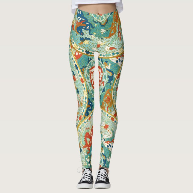 Leggings Patrón verde y azul de la lima de caballo asiática (Anverso)