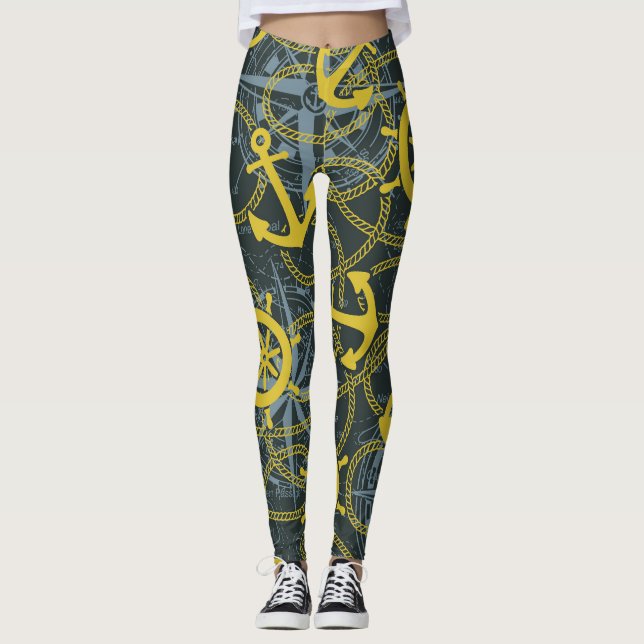 Leggings Patrón vintage náutico, ancla y mapa. (Anverso)