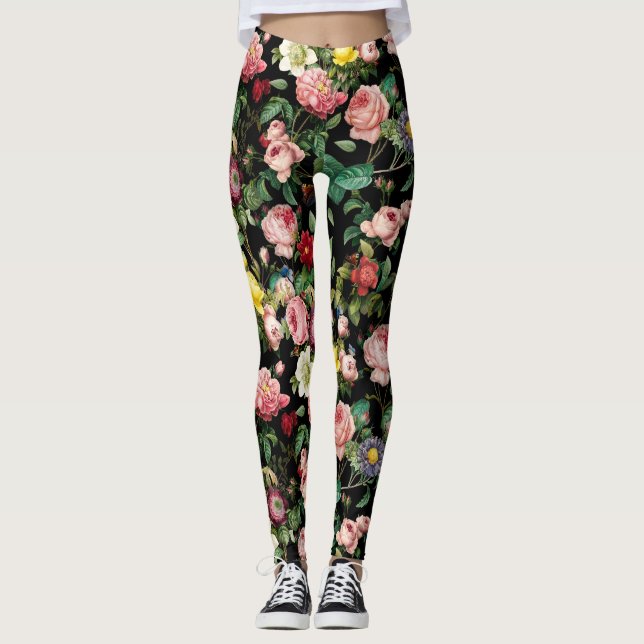 Leggings Patrón vintage rosa y rosa rojo (Anverso)