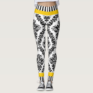 Leggings Patrón y rayas de damasco blanco amarillo y negro