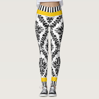 Leggings Patrón y rayas de damasco blanco amarillo y negro