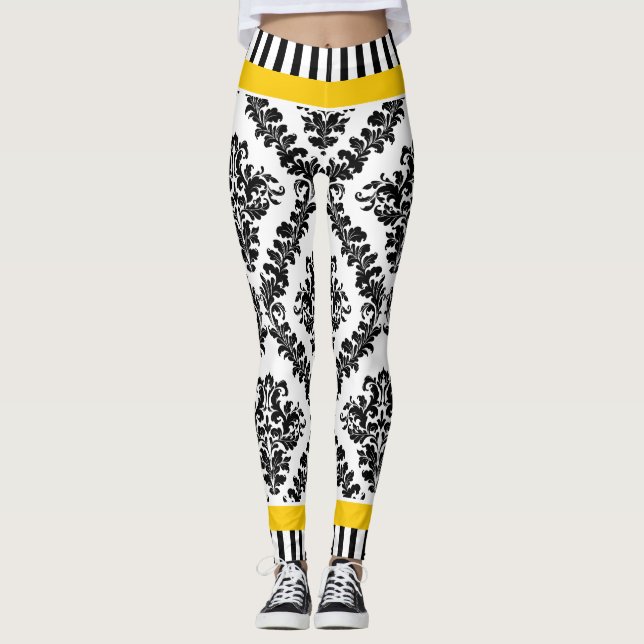 Leggings Patrón y rayas de damasco blanco amarillo y negro (Anverso)