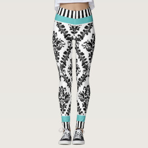 Leggings Patrón y rayas de damasco blanco negro y acuático