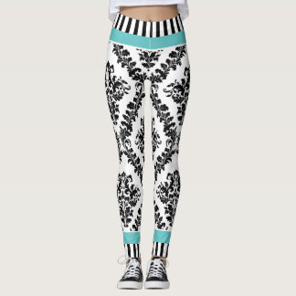 Leggings Patrón y rayas de damasco blanco negro y acuático