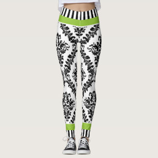 Leggings Patrón y rayas de damasco blanco verde y negro