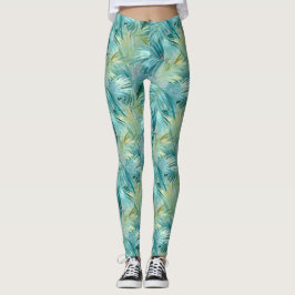 Leggings Patrona de acuarela de la hoja de palma azul tropi