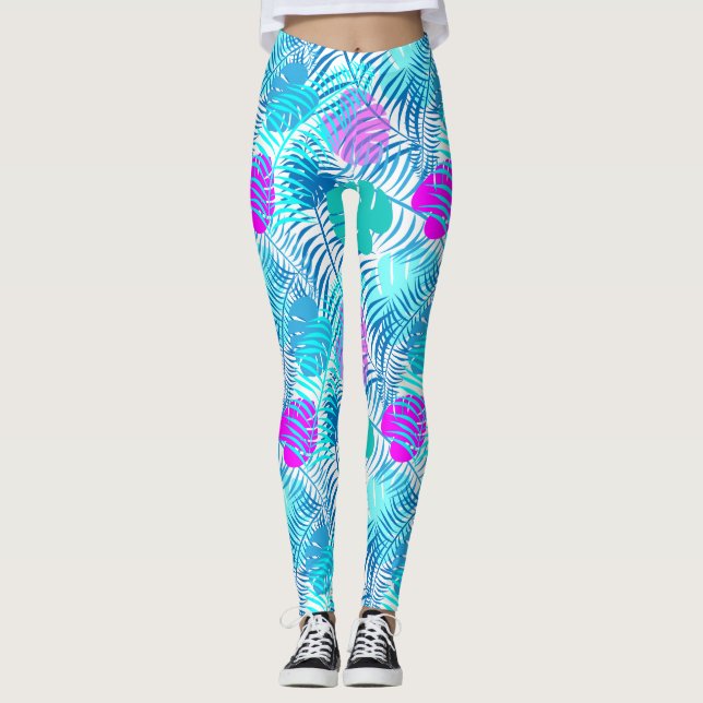 Leggings Patronato de hojas tropicales azul y rosa Aqua (Anverso)