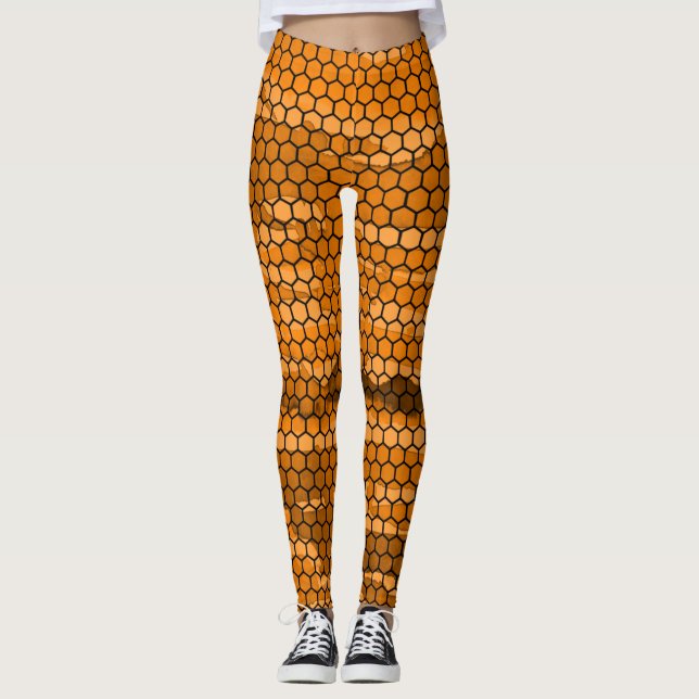 Leggings Patronato De moda Negra Y Naranja Honeycomb (Anverso)