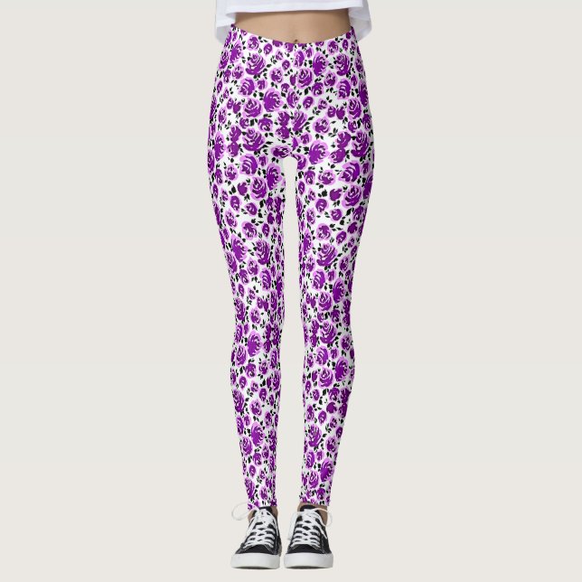 Leggings Patrones de rosas violetas y blancos (Anverso)